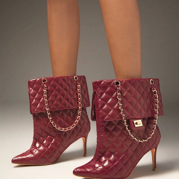 Burgundy Elegant Women's Glamorous Stiletto Quilted Booties boot winter fall - Picture 3 of 7